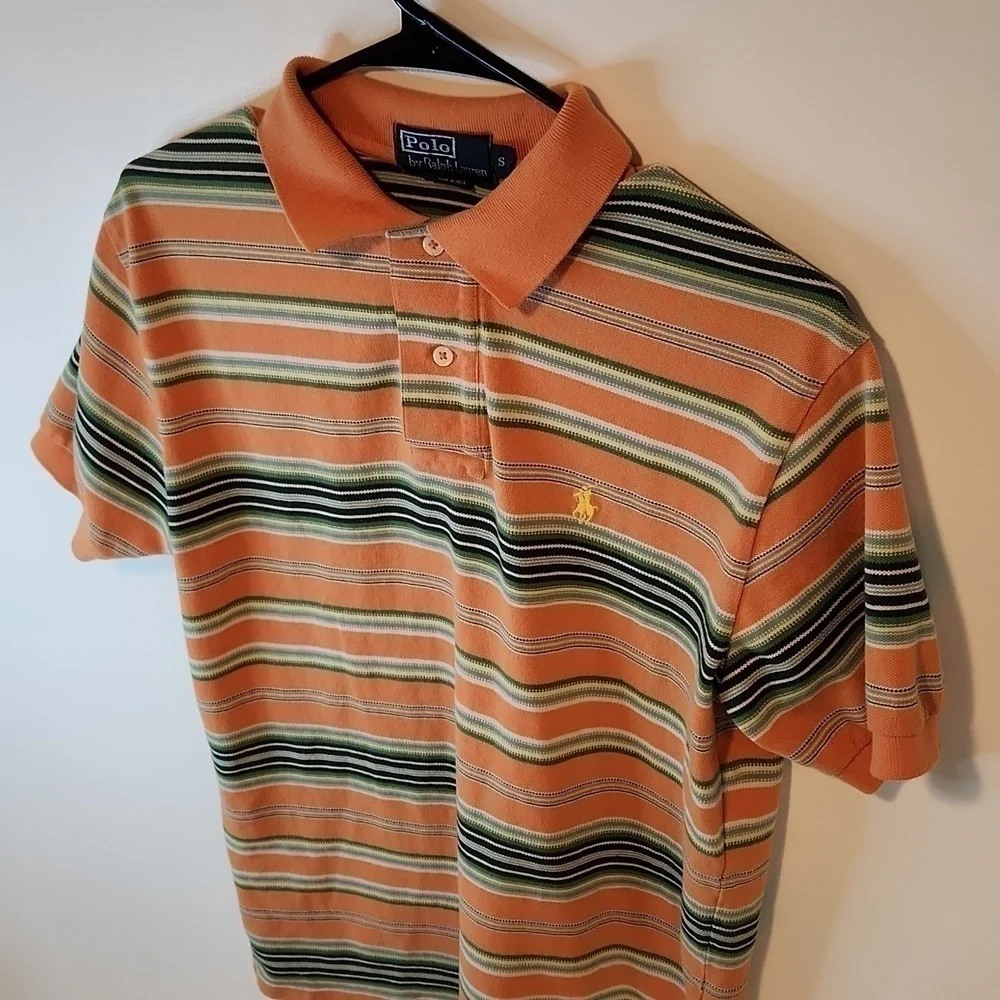 Ralph Lauren Polo Shirt 100% Cotton Men's Sz Small Orange/Blue Striped EUC NICE!